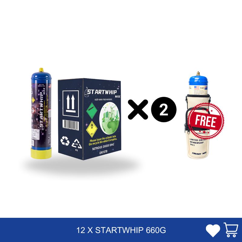 Cream Chargers: 12 x 660g Cylinder Startwhip Max + Free Max &amp; Bag