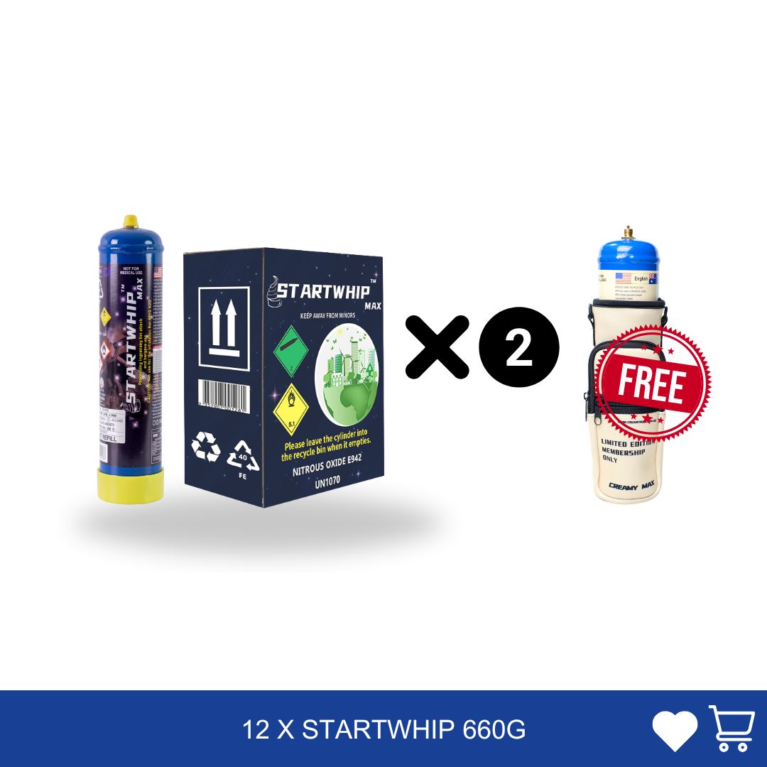 Cream Chargers: 12 x 1.1L Cylinder Startwhip Max + Free Max &amp; Bag