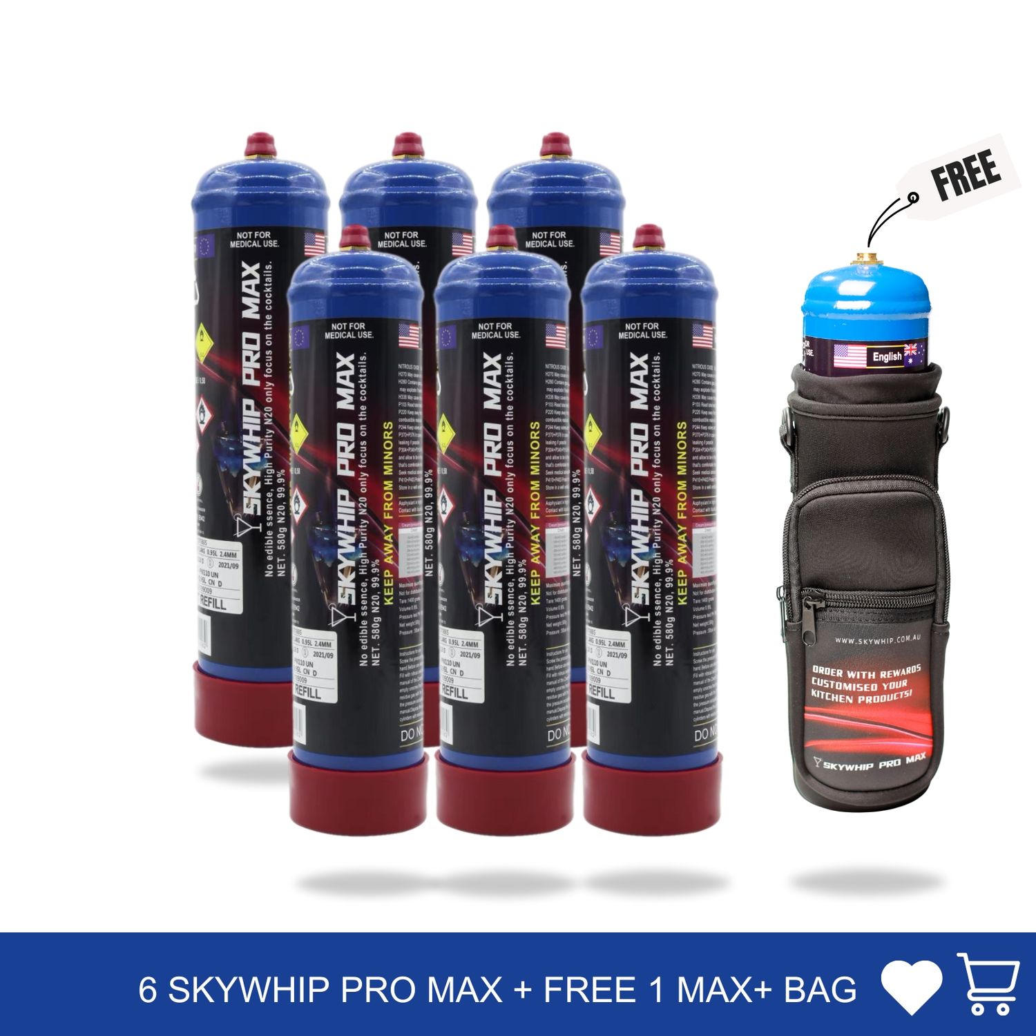 Cream Chargers: 6x 1.1L Cylinder Skywhip Pro Max + Free Tank &amp; Bag