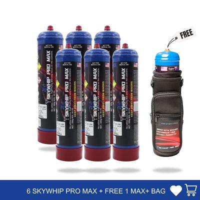 Cream Chargers: 6x 1.1L Cylinder Skywhip Pro Max + Free Tank &amp; Bag