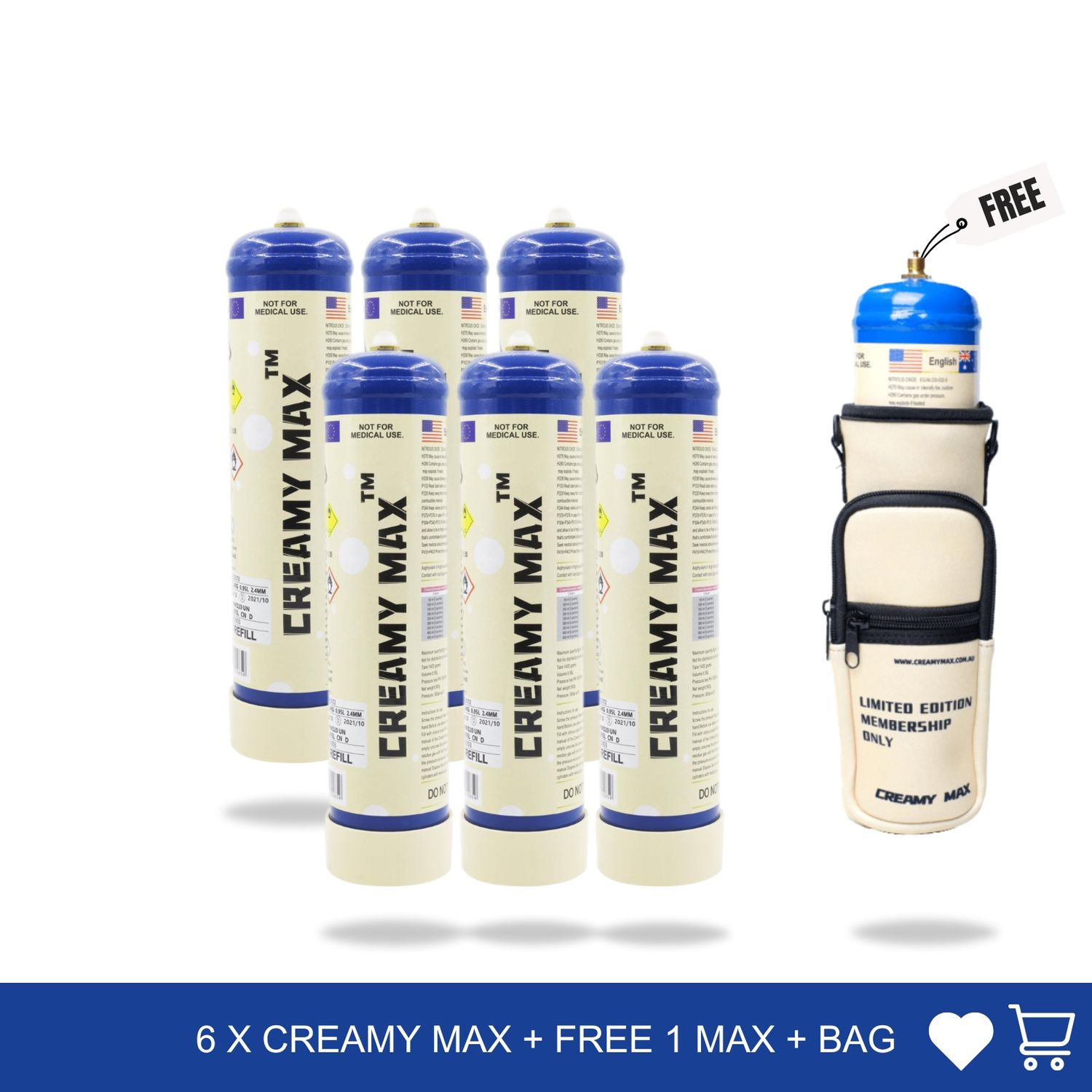 Cream Chargers: 6x 1.1L Cylinder Creamy Max + Free Tank &amp; Bag