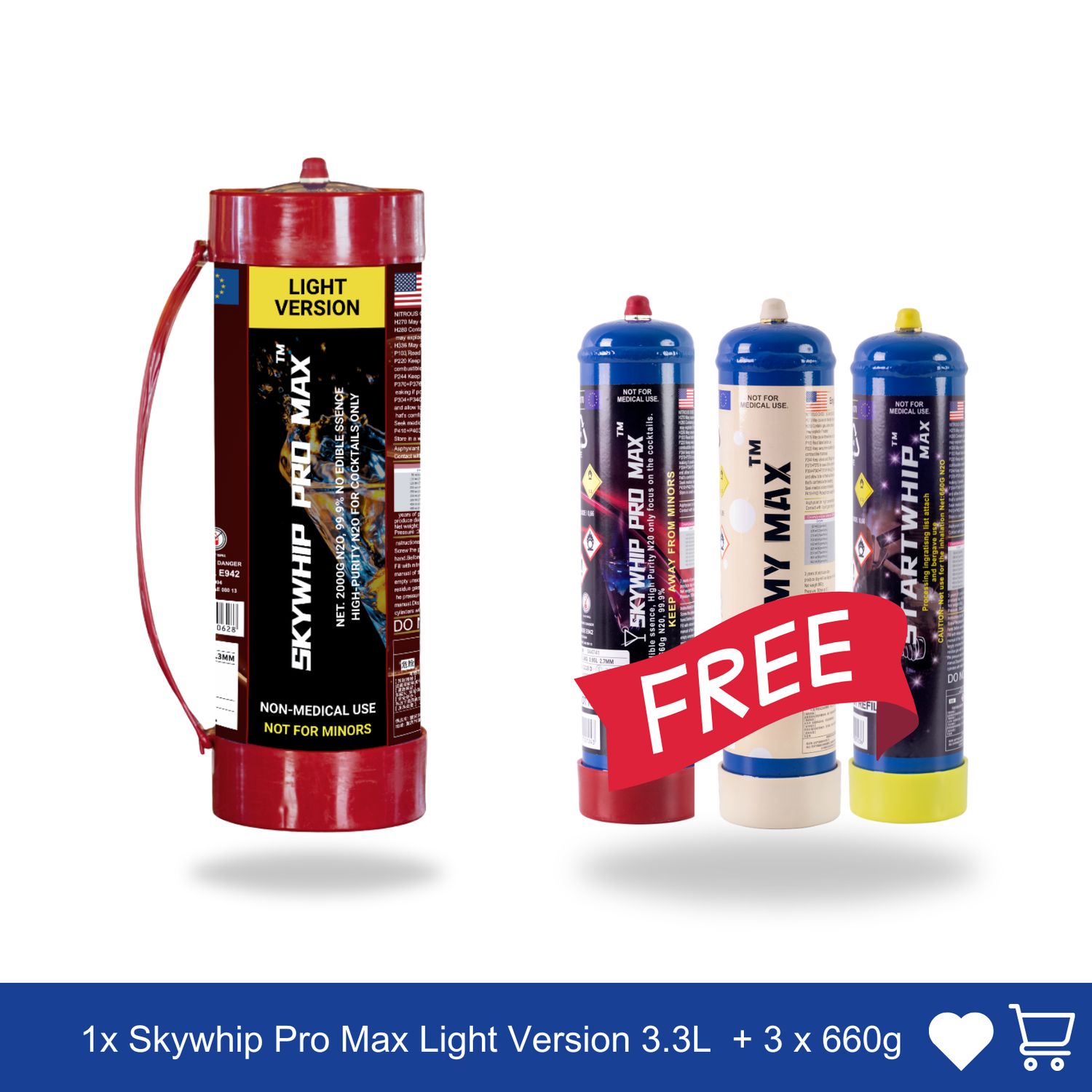 Cream Chargers: 1 x 3.3L + 3x 1.1L Cylinder Cream Chargers Value Combo