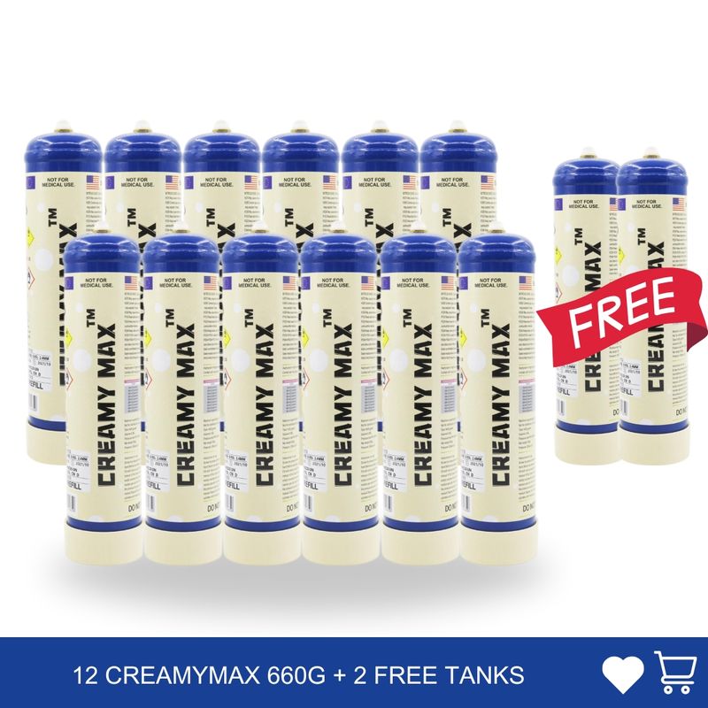 12 x Creamymax 1.1L Cream Chargers + 2 Free Tanks Value Combo