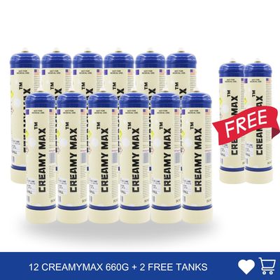 12 x Creamymax 1.1L Cream Chargers + 2 Free Tanks Value Combo