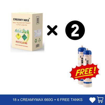 12 x Creamymax 1.1L Cream Chargers + 2 Free Tanks Value Combo