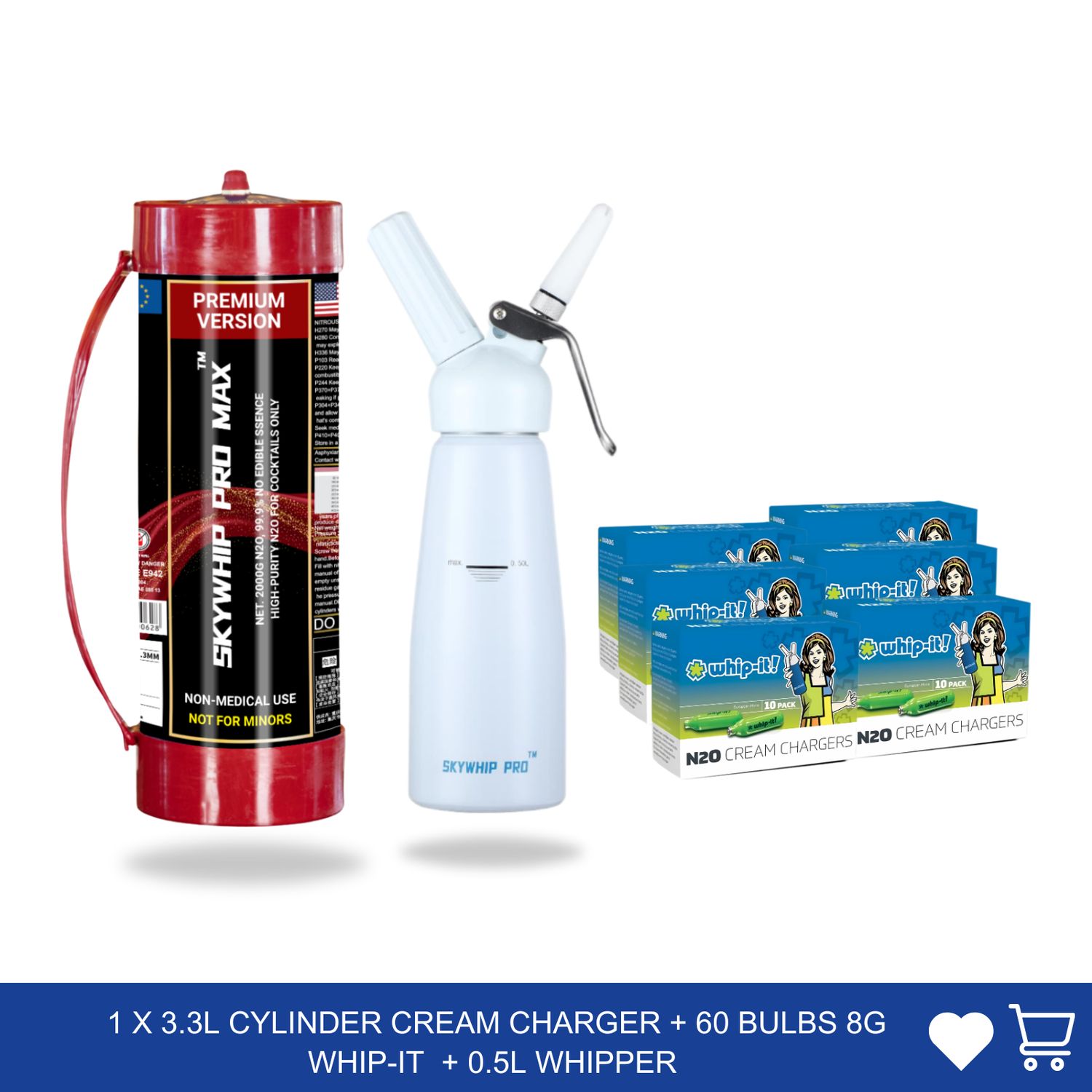 Cream chargers: 1 x 3.3L Cylinder Cream Charger + 60 Bulbs 8g Whip-it Professional + 0.5L Whipper Value Combo