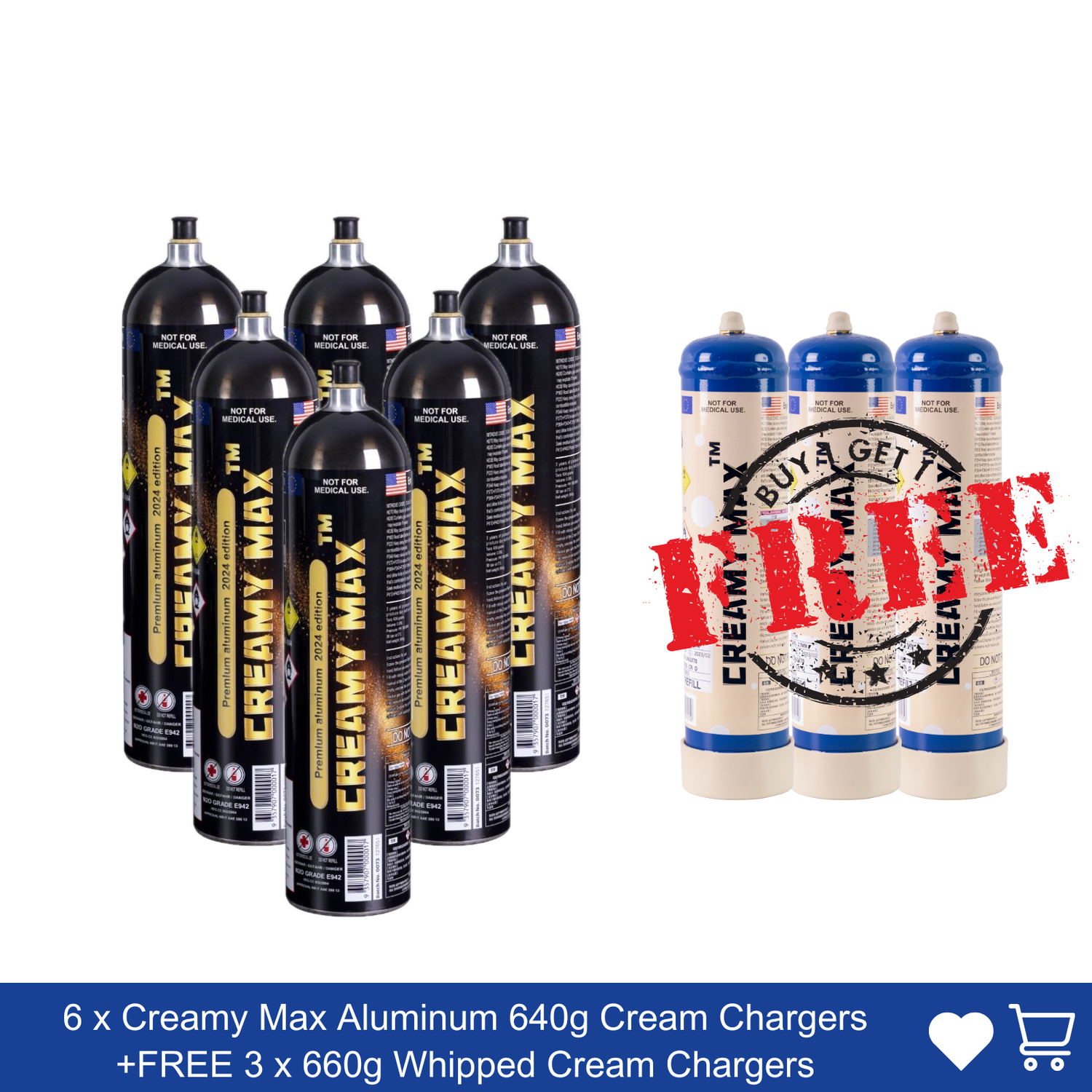 Cream Chargers: 6 x 1.1L Creamy Max Aluminum Cream Chargers BUY 6 GET 3 FREE delivery