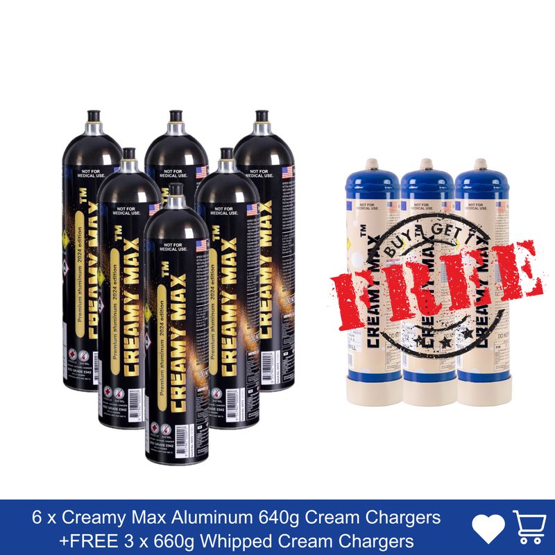Cream Chargers: 6 x 1.1L Creamy Max Aluminum Cream Chargers BUY 6 GET 3 FREE delivery