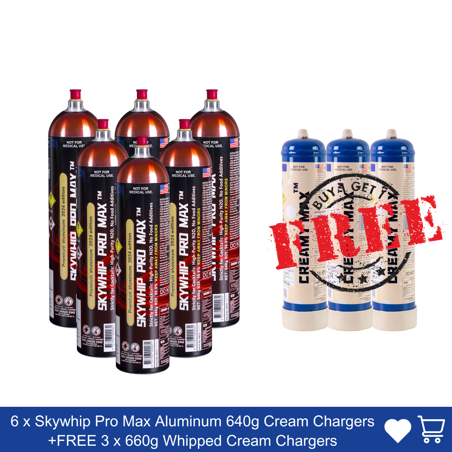Cream Chargers: 6 x 1.1L Skywhip Pro Max Aluminum Cream Chargers BUY 6 GET 3 FREE delivery