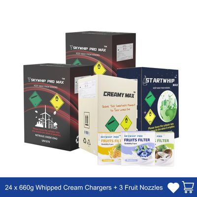 LARGE Offer: 24 x 660g Cylinder Cream Chargers + 3 Nozzles Combo