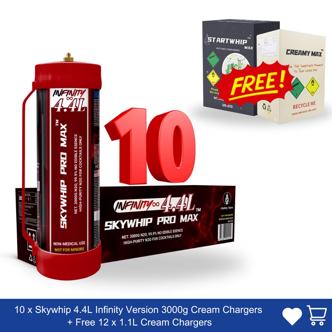 Huge Offer: 10 x Skywhip 4.4L Infinity Version 3000g Cream Chargers + Free 12 x 1.1L Cream Chargers Huge Offer: 10 x Skywhip 4.4L Infinity Version 3000g Cream Chargers + Free 12 x 1.1L Cream Chargers