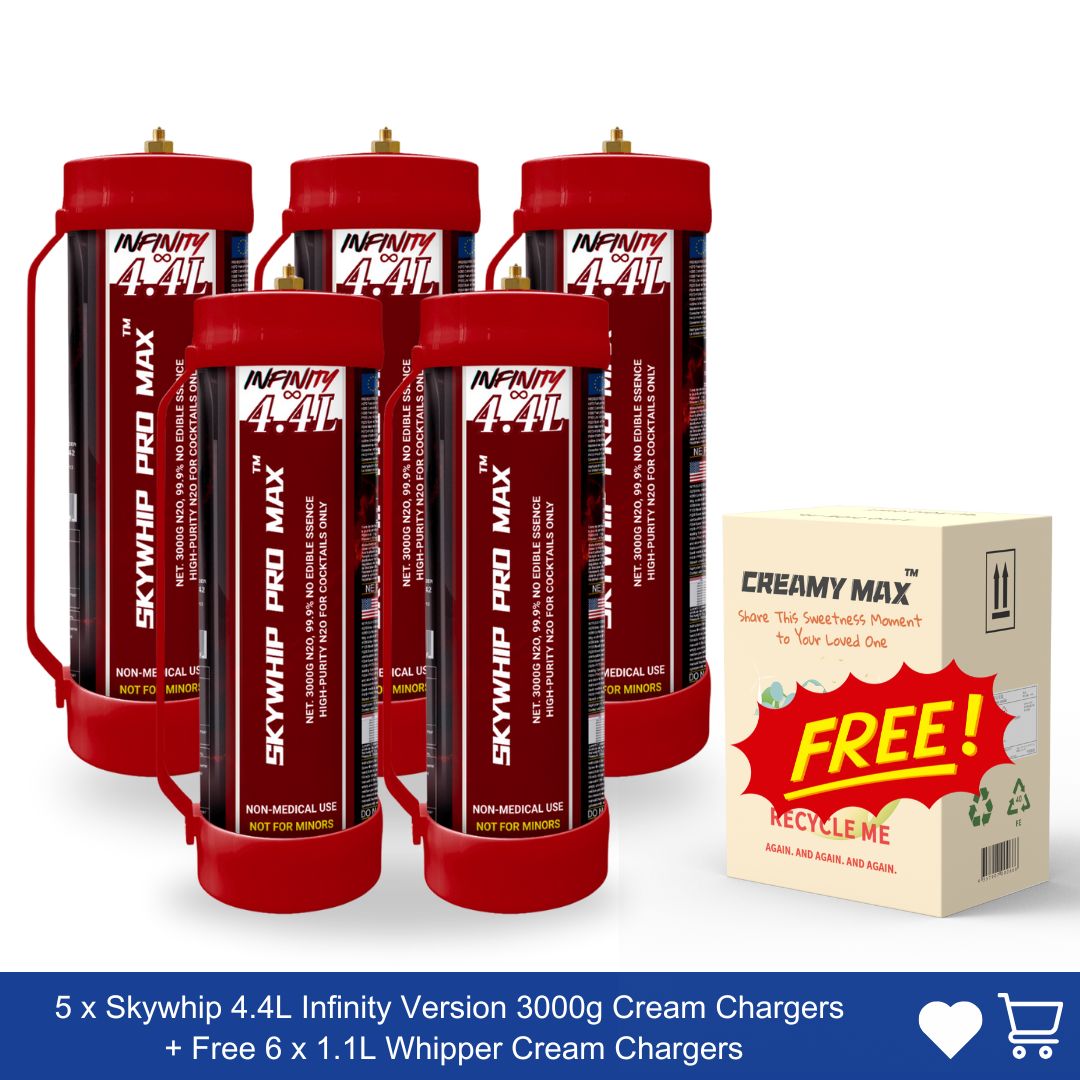 Large Offer: 5 x Skywhip 4.4L Infinity Version 3000g Cream Chargers + Free 6 x 1.1L Whipper Cream Chargers Large Offer: 5 x Skywhip 4.4L Infinity Version 3000g Cream Chargers + Free 6 x 1.1L Whipper Cream Chargers