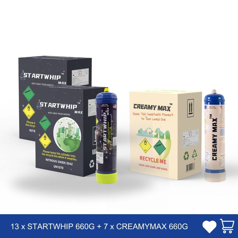 Cream Chargers: 13 x STARTWHIP 1.1L +7 x CREAMYMAX 1.1L