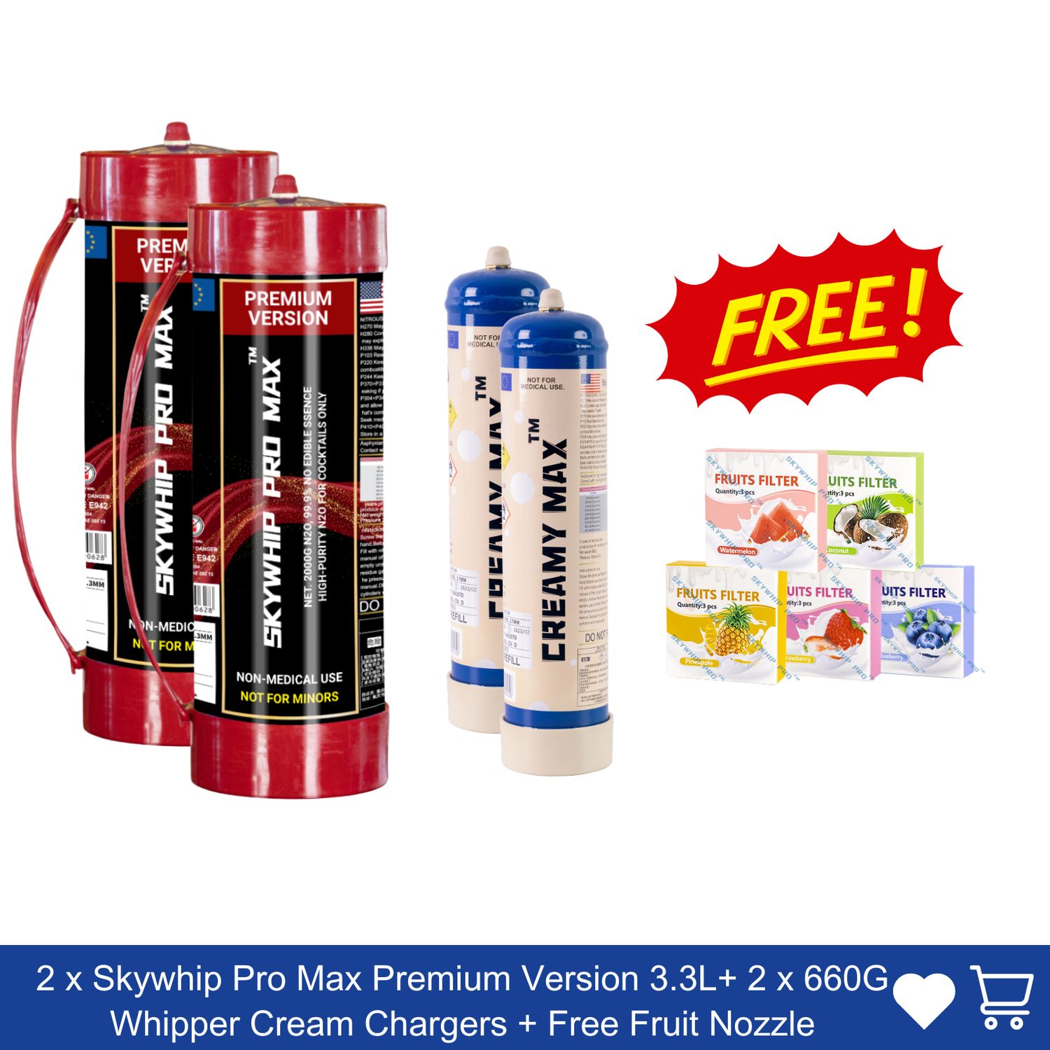 Cream Chargers: 2 x Skywhip Pro Max Premium Version 3.3L + 2 x 660G Whipper Cream Chargers + Free Fruit Nozzle