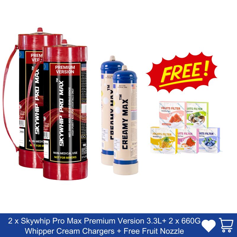 Cream Chargers: 2 x Skywhip Pro Max Premium Version 3.3L + 2 x 660G Whipper Cream Chargers + Free Fruit Nozzle