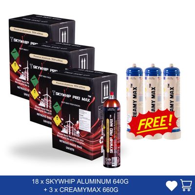 Cream Chargers: 18 x SKYWHIP ALUMINUM 640G + 3 x CREAMYMAX 660G