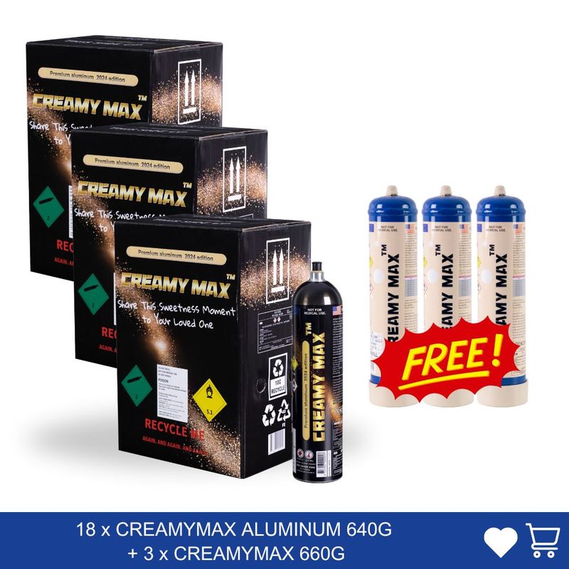 Cream Chargers: 18 x CREAMYMAX ALUMINUM 1.1L + 3 x CREAMYMAX 1.1L
