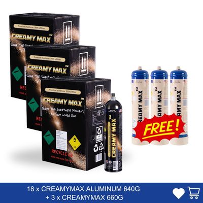 Cream Chargers: 18 x CREAMYMAX ALUMINUM 1.1L + 3 x CREAMYMAX 1.1L