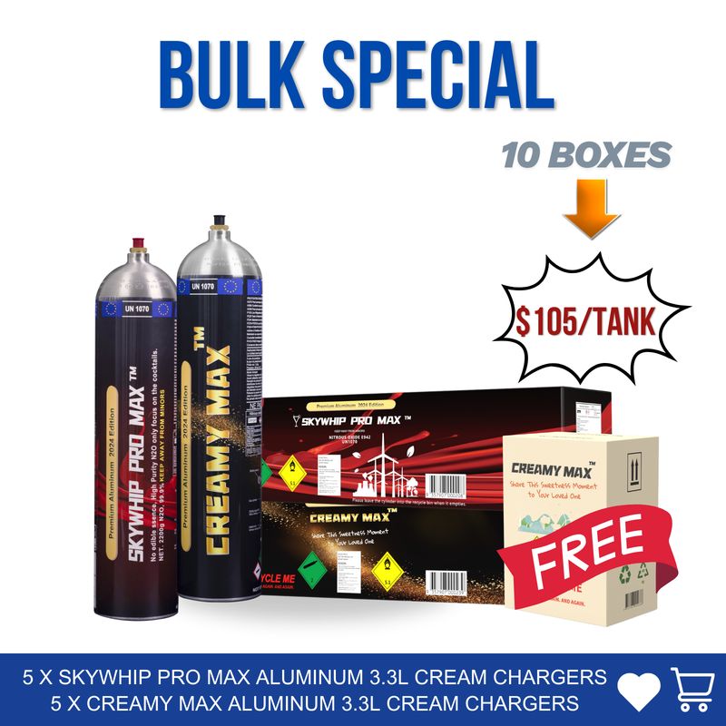 Aluminum Cream Chargers: 5 x Skywhip Pro Max Aluminum 3.3L+ 5 x Creamy Max Aluminum 3.3L + 6 x 660g Free Tanks