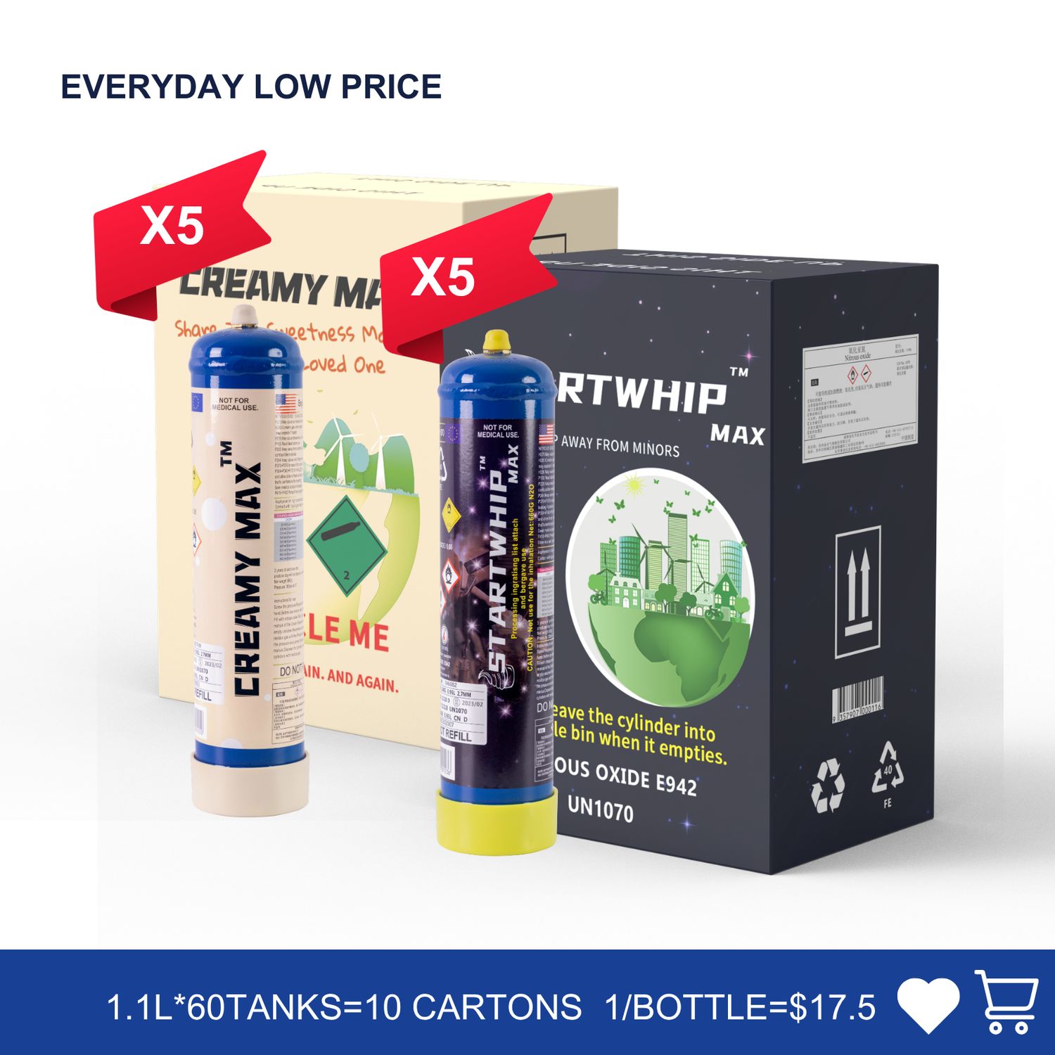 [Everyday Low Price] $17.50 Per Tank – 30 Startwhip Max + 30 Creamy Max 1.1L Cream Chargers