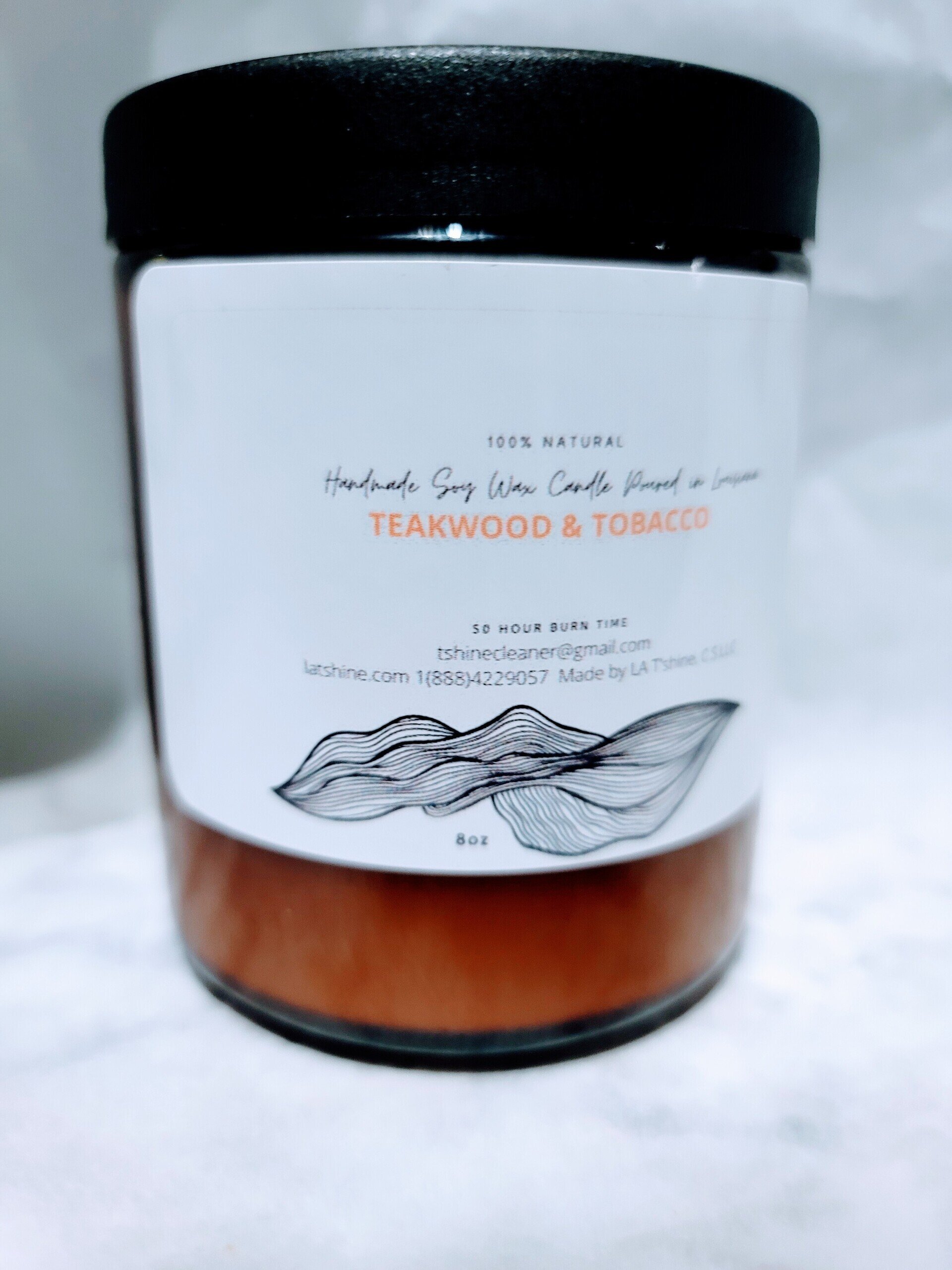 Teakwood & Tobacco Classic Scented Soy Wax Candle (8oz) 50 Hours Burn Time, Cotton Wick, Amber Glass Jar