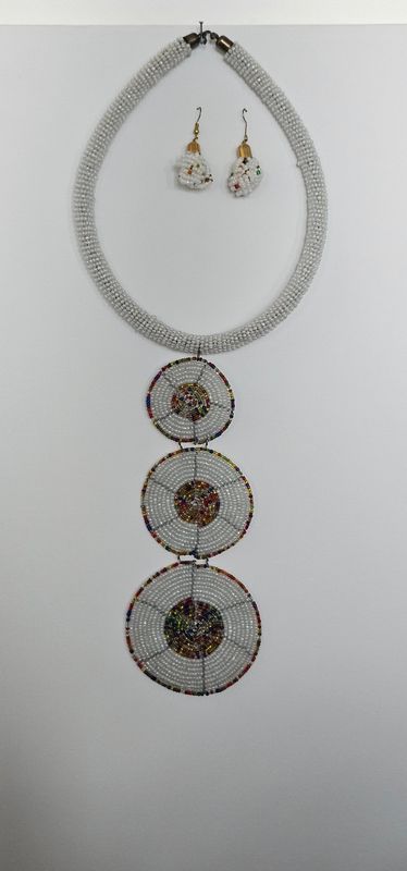 Maasai Beaded Necklace &amp; Earrings Set – White