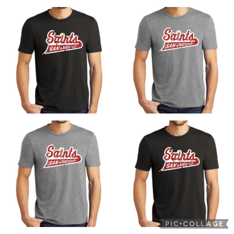 Adult Distressed Saints Script Logo Triblend Tee
