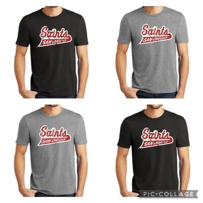 Adult Distressed Saints Script Logo Triblend Tee