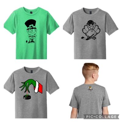 Youth holiday shirts with Saints logo on neck