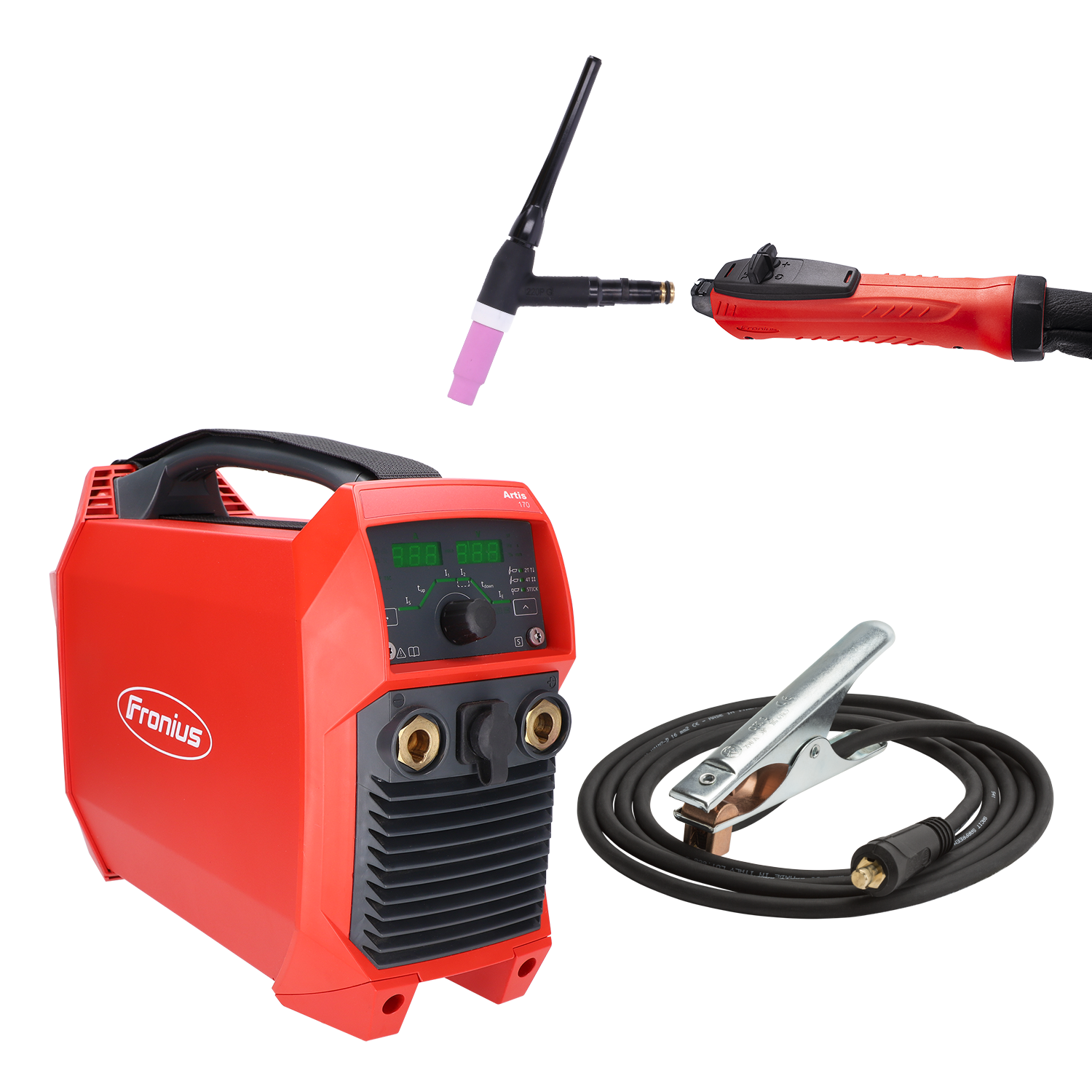 Fronius WIG Vorteilspaket - Artis 170/EF Set, Brennerschlauchpaket THP 180G SH ML/F/UD/Le/4m Sys., Brennerkörper TTB 220P G ML/70°/L65, Massekabel 16mm² 3m