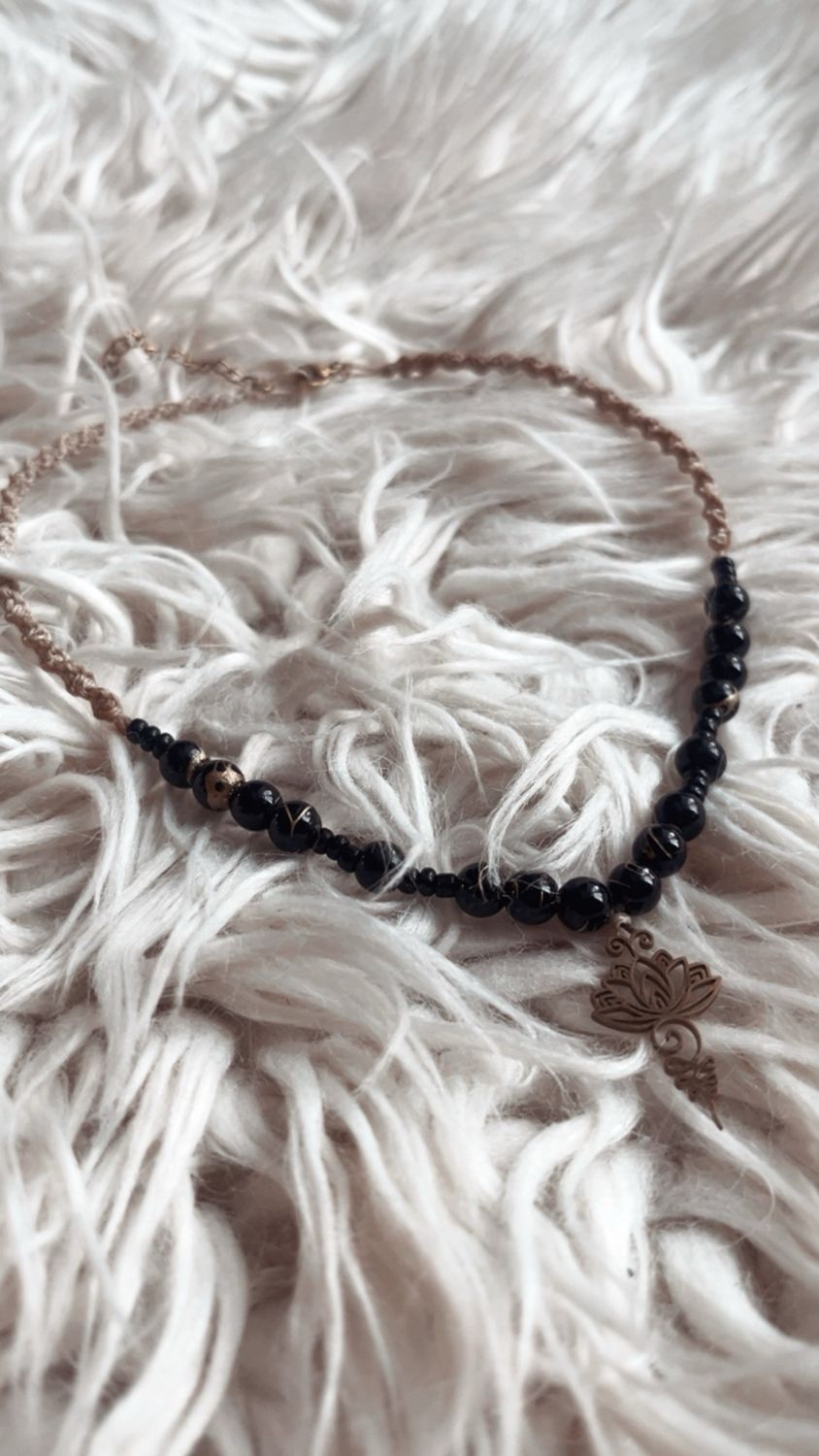 Lotuskette Achat &amp; Obsidian