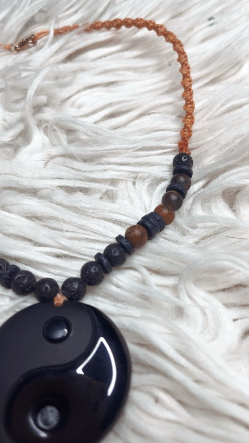 Kette Ying &amp; Yang Obsidian, Tigerauge &amp; Lavastein