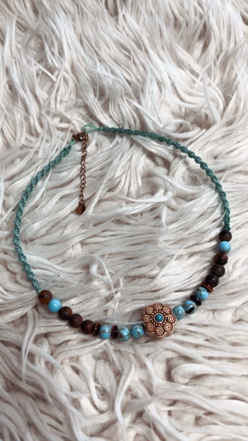 Kette Holzblume Türkis &amp; Tigerauge