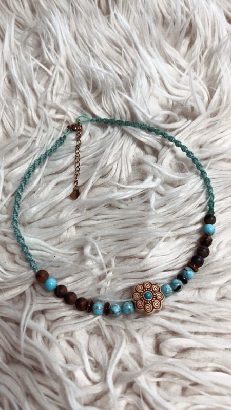 Kette Holzblume Türkis &amp; Tigerauge