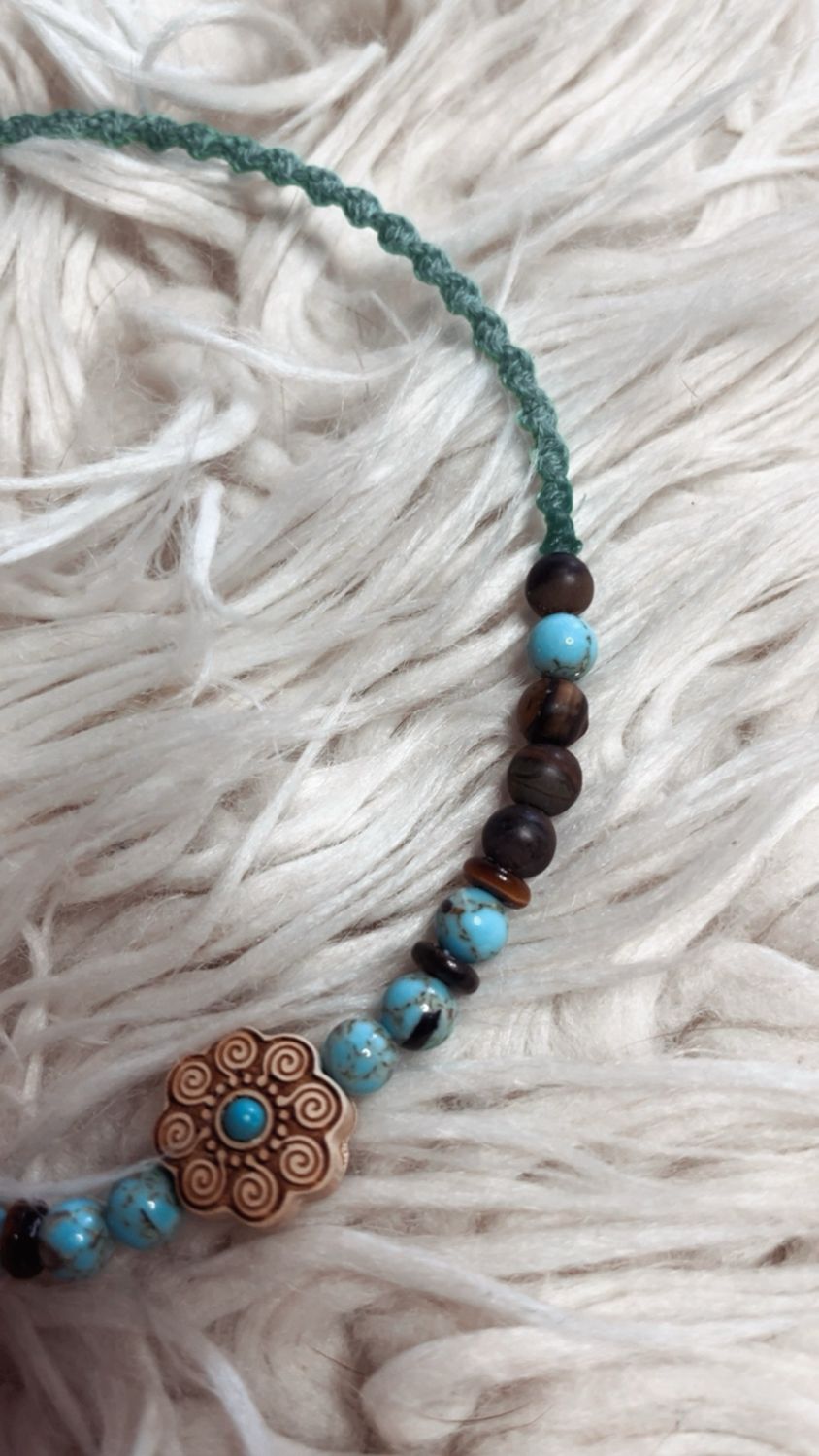 Kette Holzblume Türkis &amp; Tigerauge