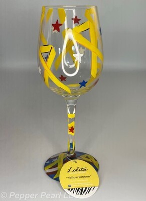Lolita Wine Glass Yellow Ribbon Red, White, Blue Hand Painted