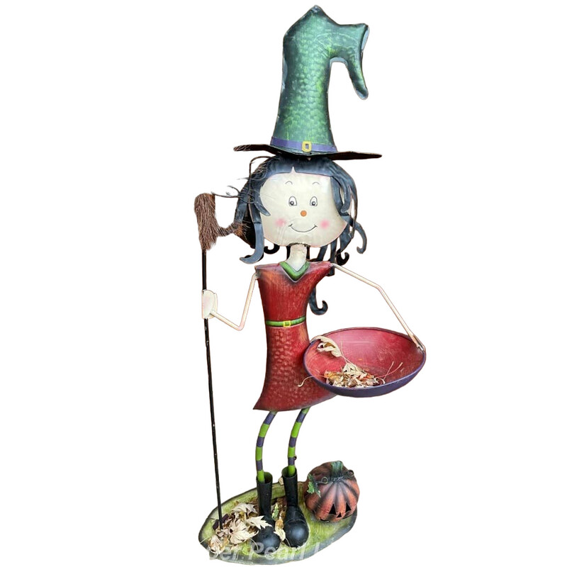 Standing Iron Witch Girl with Broom and Tray Outdoor Halloween