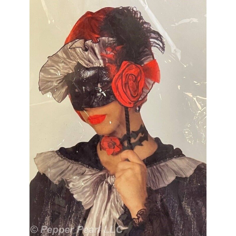 Vampire Mask on a Stick Masquerade Half - Feather Rose Ruffles