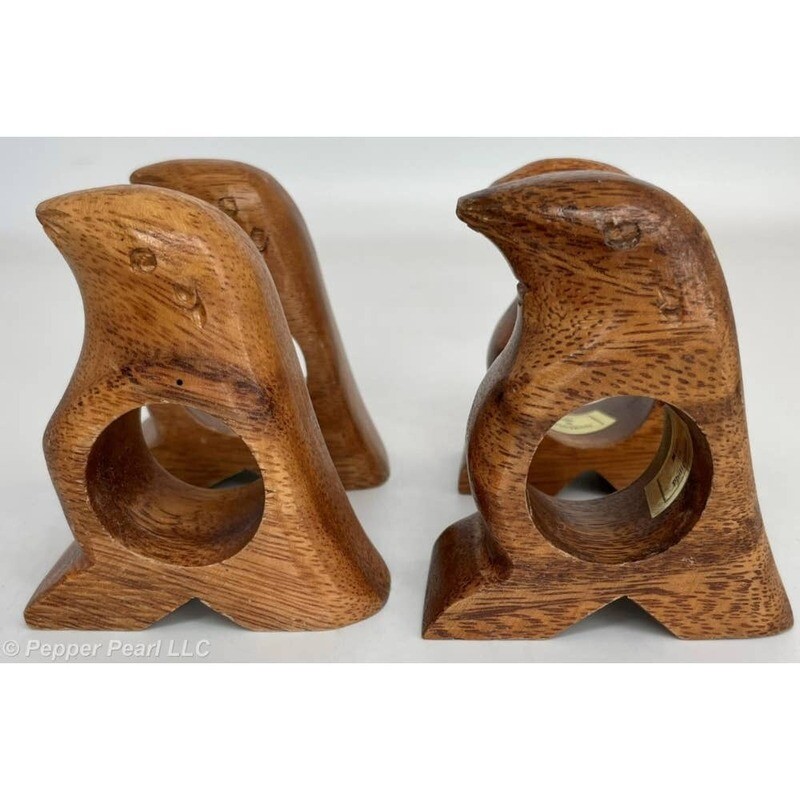 Penguin Napkin Ring Holders Carved Wood Natural Set of 4 Made in The Philippines