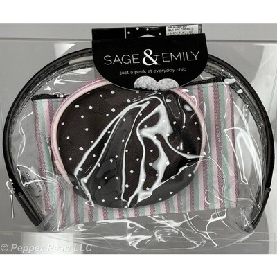 Cosmetic Bag Set New 3 Pieces Sage & Emily Clear 10 inch Pouch Stripe Polka Dot