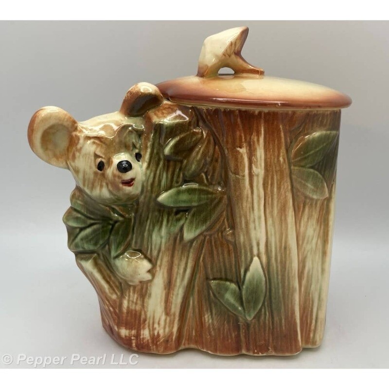 McCoy USA Koala Bear Bamboo Ceramic Cookie Jar Mid Century Mushroom Knob Lid