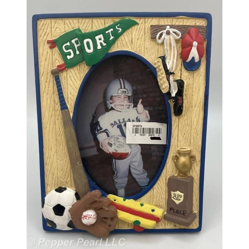Picture Frame with Stand Sports Themed Molded Child Photo Trophy Ball Bat Cap