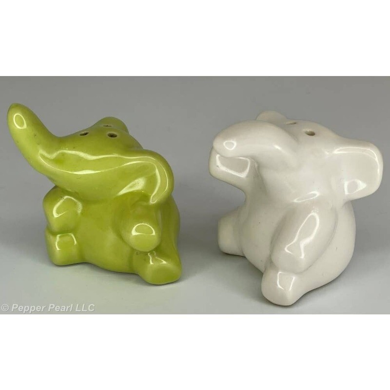 Elephant Salt and Pepper Shakers, Ceramic, Green and White, Trunks Up, 3 inches