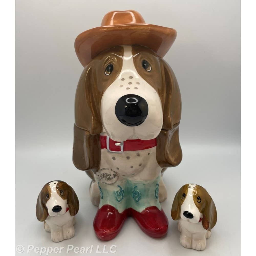 Pioneer Woman Charlie Boots Cookie Jar Salt Pepper Shakers Basset Hound Cowboy
