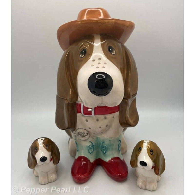 Pioneer Woman Charlie Boots Cookie Jar Salt Pepper Shakers Basset Hound Cowboy