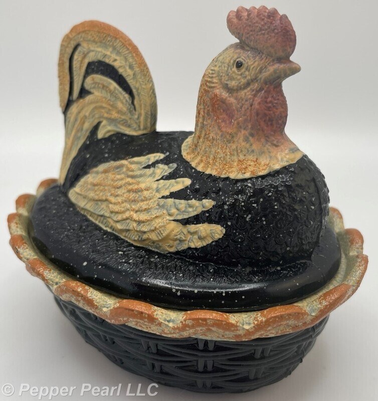 Fenton Black Glass Nesting Rooster Basket Folk Art Signed Hand Painted in USA