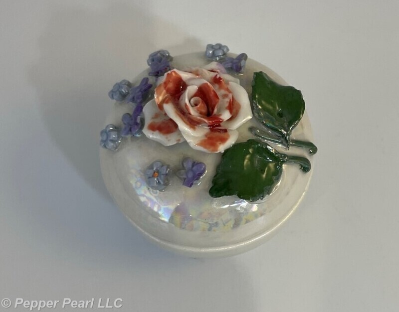 Trinket Box Ceramic Vintage German? Elfinware? White Luster Applied Flowers