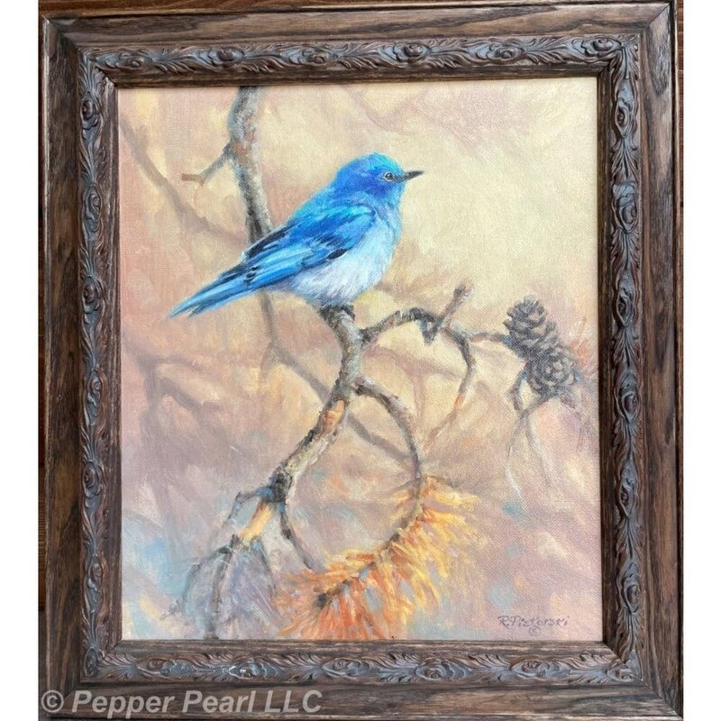 Blue Bird in Pine Tree Original Oil on Canvas Painting by Renee Piskorski