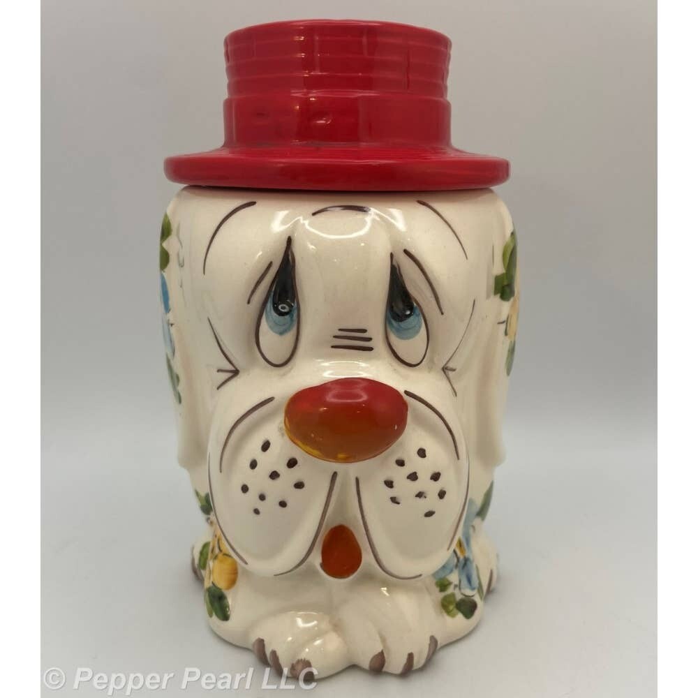 Vintage Ceramic Cookie Jar Hound Dog Red Hat Flowers Hand Painted Brazil