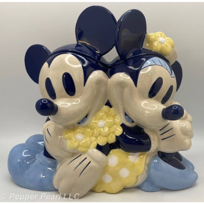Disney Mickey Minnie Mouse Ceramic Cookie Jar Blue Flowers
